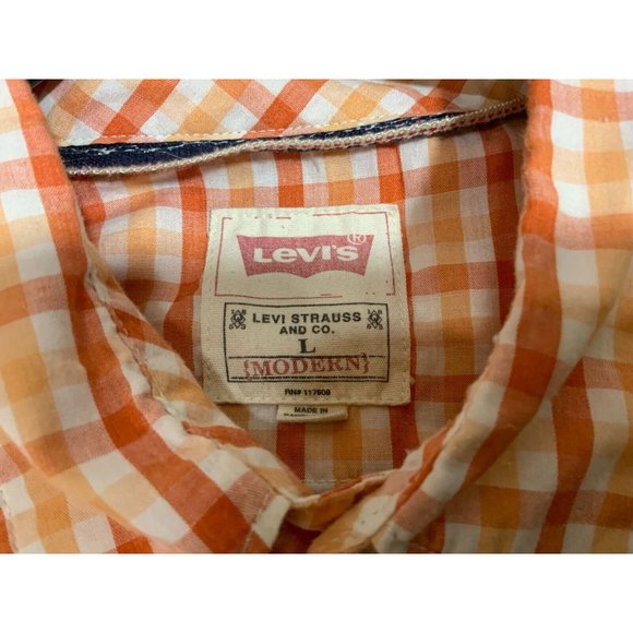 Levis Western Shirt Mens Large Pearl Snap Cowboy Country Retro Orange Plaid Stri - Picture 3 of 13
